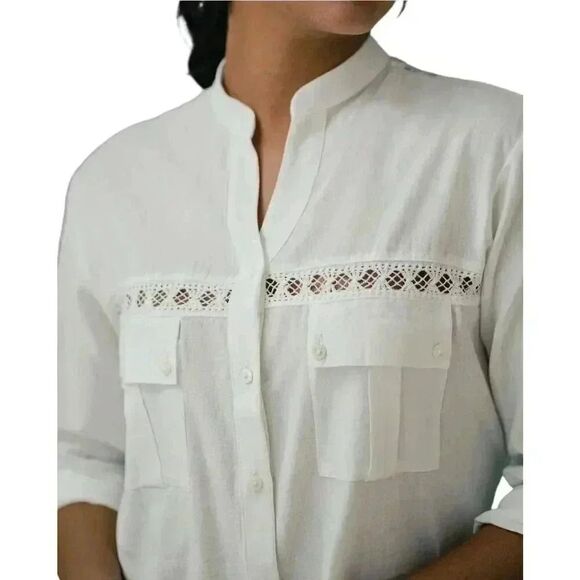 AO Aho Po'I Raity Women's White Cotton Button Down Top w Set In Lace Accents - Picture 2 of 13